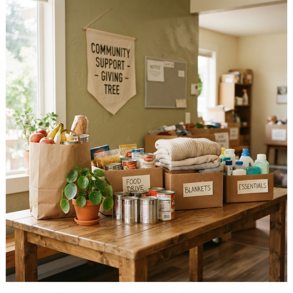 Boxes of donated food and household essentials prepared for neighbors in need