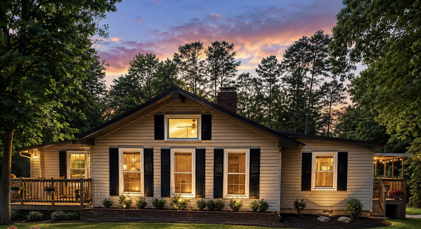 Beautiful home exterior at dusk